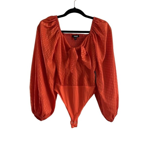 Express Wmn XS Orange Satin Jacquard Balloon Sleeve Tie Front Thong Bodysuit NWT - Picture 1 of 14